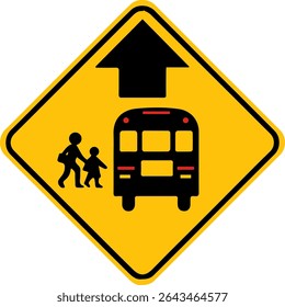 School Bus Crossing Warning Sign with Children and Arrow Icon