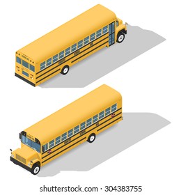 School bus detailed isometric icons set front and rear view graphic illustration design