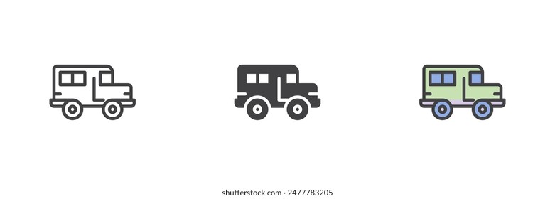 School bus different style icon set. Line, glyph and filled outline colorful version, outline and filled vector sign. Symbol, logo illustration. Vector graphics