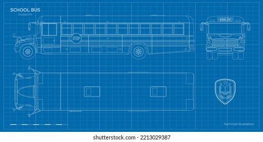 School bus drawing. Outline blueprint of municipal transport. Top, side, front vehicle view. Academy lorry. City transportation. Industrial clipart. Vector illustration