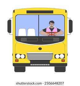 School bus driver arab man 2D cartoon character. Reflective clothing middle eastern male schoolbus driver isolated flat vector person white background. Public transportation color spot illustration