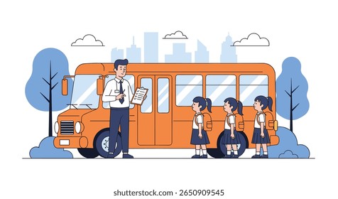 School bus driver checks students before boarding for a safe educational journey