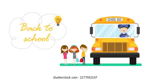 Schulbus mit Fahrer und Kindern einzeln auf weißem Hintergrund. Konzept von hinten an die Schule. Vektorgrafik