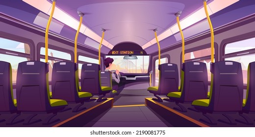 School bus with driver, empty public transport interior. City vehicle salon with seats, handles, windows and digital display. Urban commuter for students inside view, Cartoon vector illustration
