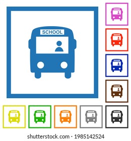School bus with driver flat color icons in square frames on white background