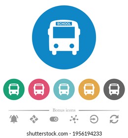 School bus with driver flat white icons on round color backgrounds. 6 bonus icons included.