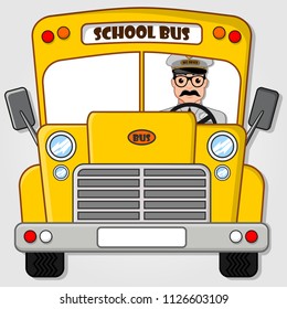 School Bus With Driver Isolated On A White Background. Flat Style Vector Illustration