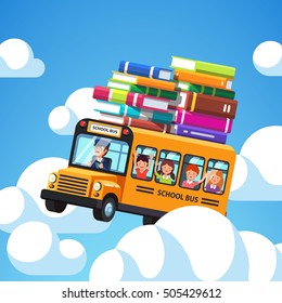 School bus with driver and kids riding high in the blue sky clouds. Books baggage on the roof of the bus. Exiting knowledge concept. Flat style cartoon vector illustration.