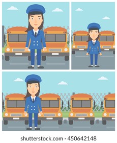 Schulbusfahrer, der vor dem gelben Bus steht. Vektorflache Design-Illustration. Quadratische, horizontale, vertikale Layouts.