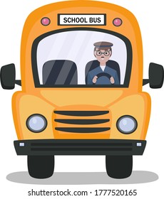 Autobús escolar y conductor de uniforme al volante. Vehículo de transporte de pasajeros, escolares. Ilustración vectorial.