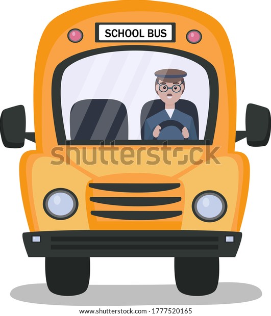School\
bus and driver in uniform at the wheel. Vehicle for transporting\
passengers, schoolchildren. Vector\
illustration.
