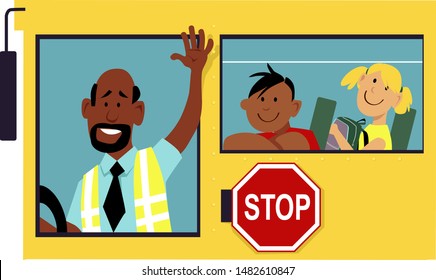 School bus driver waving his hand from a window, school kids sitting behind him, EPS 8 vector illustration