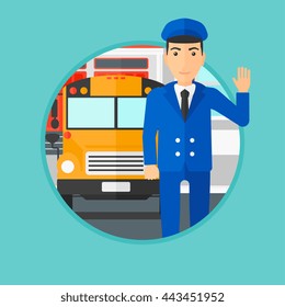 School bus driver waving while standing in front of yellow bus. School bus driver standing on the background of school building. Vector flat design illustration in the circle isolated on background.