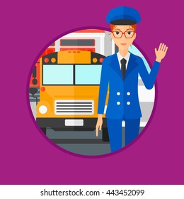 School bus driver waving while standing in front of yellow bus. School bus driver standing on the background of school building. Vector flat design illustration in the circle isolated on background.