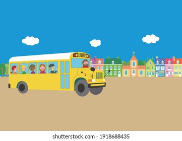 A school bus is driving down the street