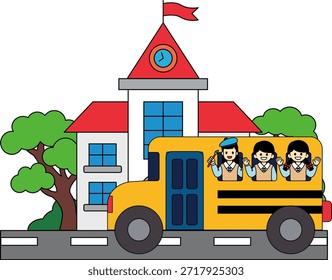 Un autobús escolar está conduciendo por la calle delante de la escuela