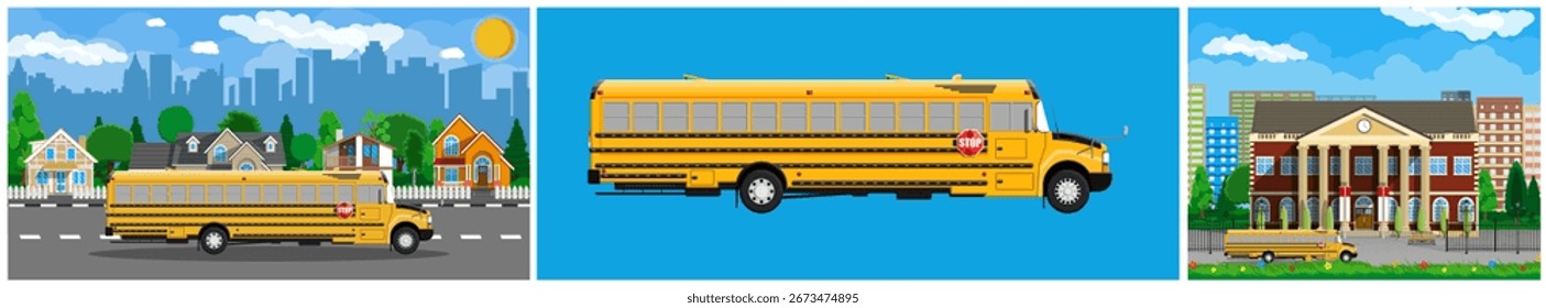 Autobús escolar que conduce en la carretera al lado de las casas, aislado en el fondo azul, y de pie delante del edificio educativo. Diseño plano.