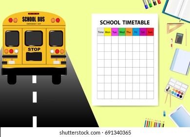 School bus is driving on the road in the left side of the vector. School equipment is in the right side of the vector with empty timetable ready for your text.