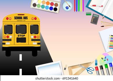 School bus is driving on the road in the left side of the vector. School equipment is in the right side of the vector with empty place in the center ready for your text.
