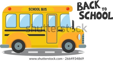 School bus driving on road, side view on a white background. Back to school