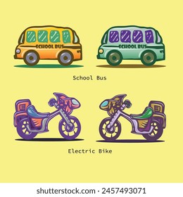 school bus and electric bike vector illustration set for animation asset isolated om yellow background
