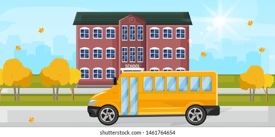 School bus at the school entrance Vector flat style. Autumn fall background