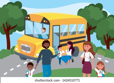 School Bus Father Mother Their Girls Stock Vector (Royalty Free ...