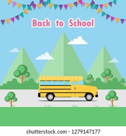 School bus with festive flags to school. Back to school poster or Yellow school bus on road. Creative vector illustration. 