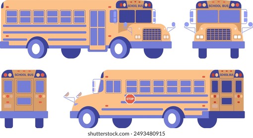 School bus flat color illustration set. Different angles of yellow vehicle isolated on white background. Back, front, side view.