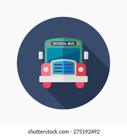 School bus flat icon with long shadow on blue circle background , educational concepts , vector illustration