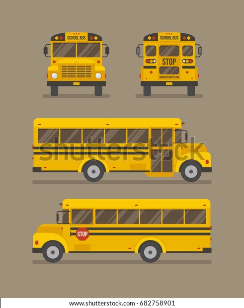 School bus flat illustration. Front, back and two\
side views.