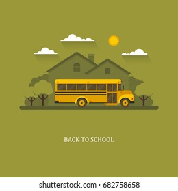 School bus flat illustration with suburban house and trees on a background.