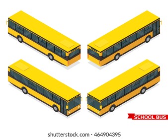 School bus. Four different views. Isometric vector illustration