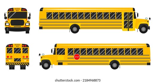 School bus front, rear, left and right views. Vector flat illustrations isolated on a white background.