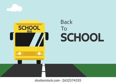 School bus front view. Back to school concept. Yellow passenger transport for children's transportation and tourist trips.