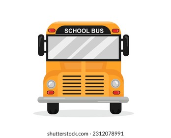 School bus front view. City infrastructure, yellow big car for schoolchildren. Travel and trip to school, public transport. Cartoon flat vector illustration isolated on white background