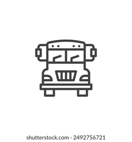 Icono de la línea de vista frontal del autobús escolar. signo de estilo lineal para concepto y Diseño web móvil. Icono de Vector de esquema de autobús escolar. Símbolo, ilustración del logotipo. Vector gráfico