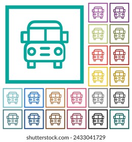 school bus front view outline flat color icons with quadrant frames on white background