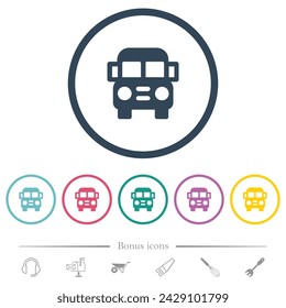 school bus front view solid flat color icons in round outlines. 6 bonus icons included.