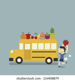 school bus and fruit