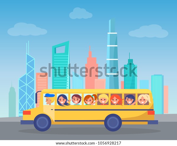 School bus full of children drives through\
big industrial city. Yellow school bus comes by high skyscrapers in\
downtowm cartoon vector\
illustration.
