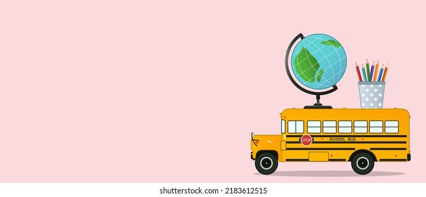School bus, globe and stationery on pink background with space f