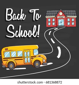 school bus going to school using coloring doodle style with back to school text on chalkboard background