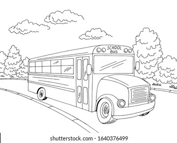 School bus graphic black white street landscape sketch illustration vector