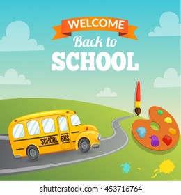 School bus and greeting text. Bright background for education topic. Vector composition.
