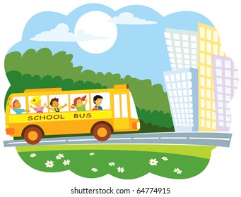 School bus with a group of school pupils going to the town