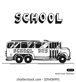 School Bus. Hand Drawn Sketch Illustration Isolated On White Background