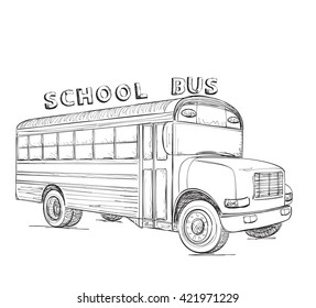 School Bus. Hand Drawn Sketch Illustration Isolated On White Background