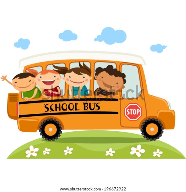 School bus with happy\
children