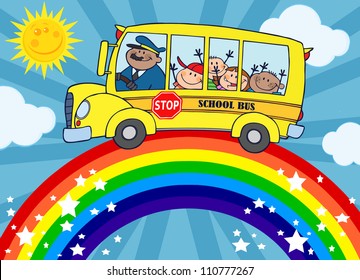 School Bus With Happy Children Around Rainbow